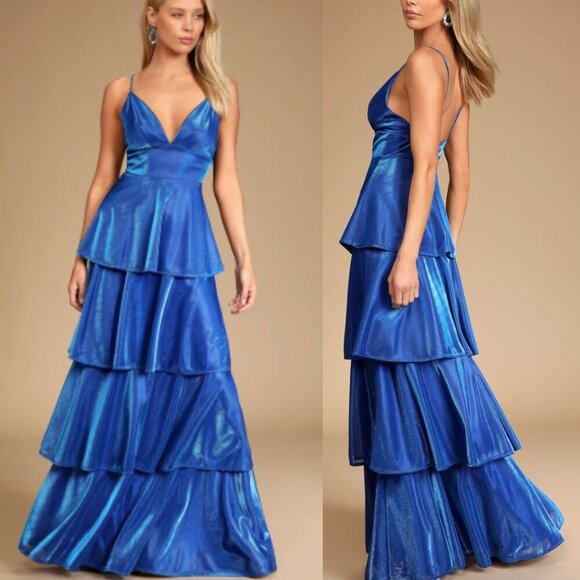 Lulu's Royal Blue Plunging Neckline Tiered Maxi Dress - Picture 1 of 1